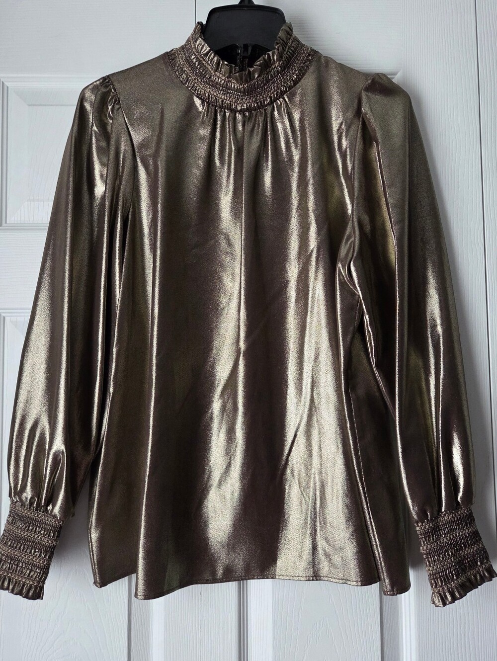 Karl Lagerfeld Paris Metallic Gold Smocked High-Neck Blouse Size M - Picture 2 of 12